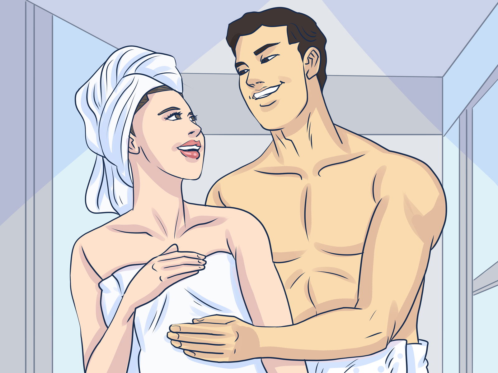 Couple regardant l'heure sous la douche