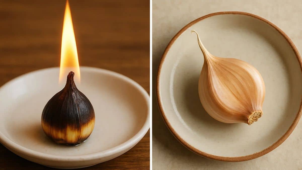 Gousse d'ail brûlée dans une coupelle en céramique