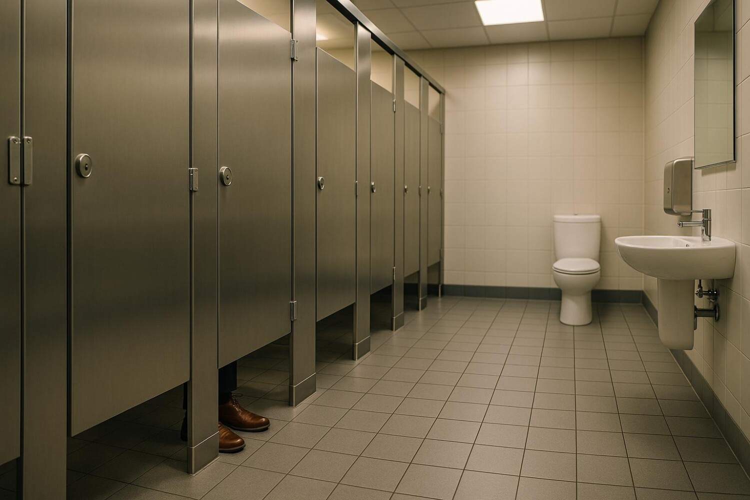 Porte de toilettes publiques montrant l'espace entre le bas de la porte et le sol